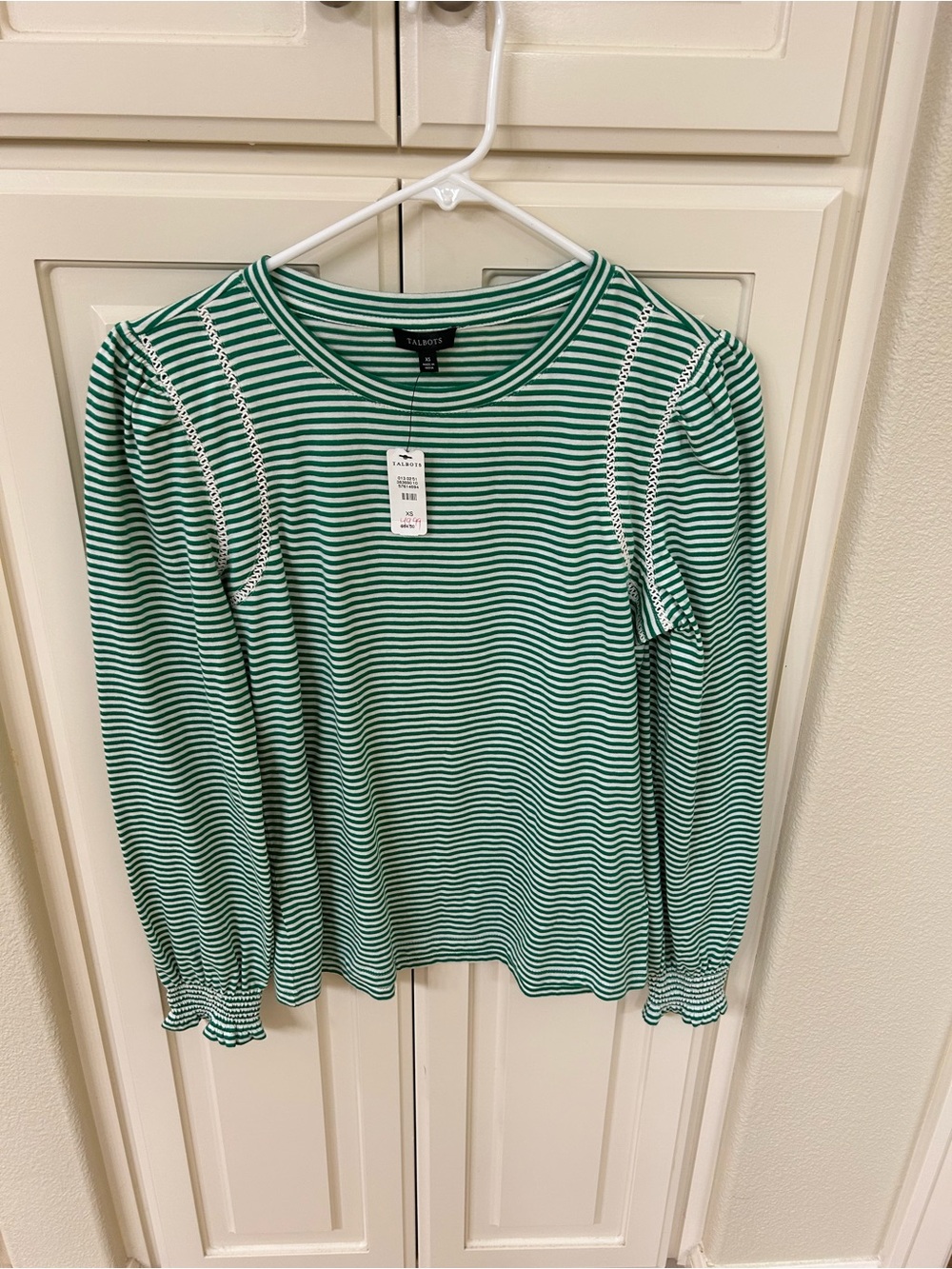 Talbots Green and White Striped Long Sleeve Top